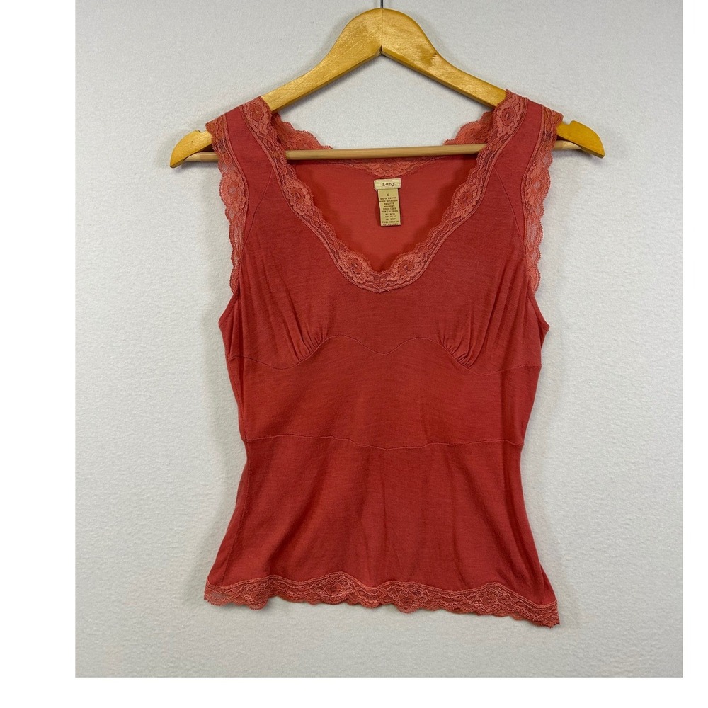 Coquette Zoey Womens Small Coral Lace Trim Empire Waist V-Neck Rayon Tank Top